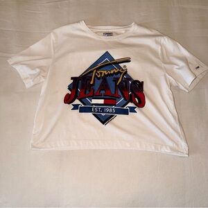 Tommy Hilfiger Jeans Cropped Graphic Tee Y2K White Logo Shirt XS